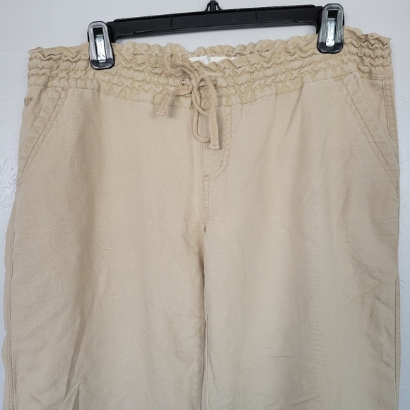 Roxy Large Tan Beige Khaki Linen Pants Lightweight Stretch Waist Casual Pockets - Picture 2 of 6